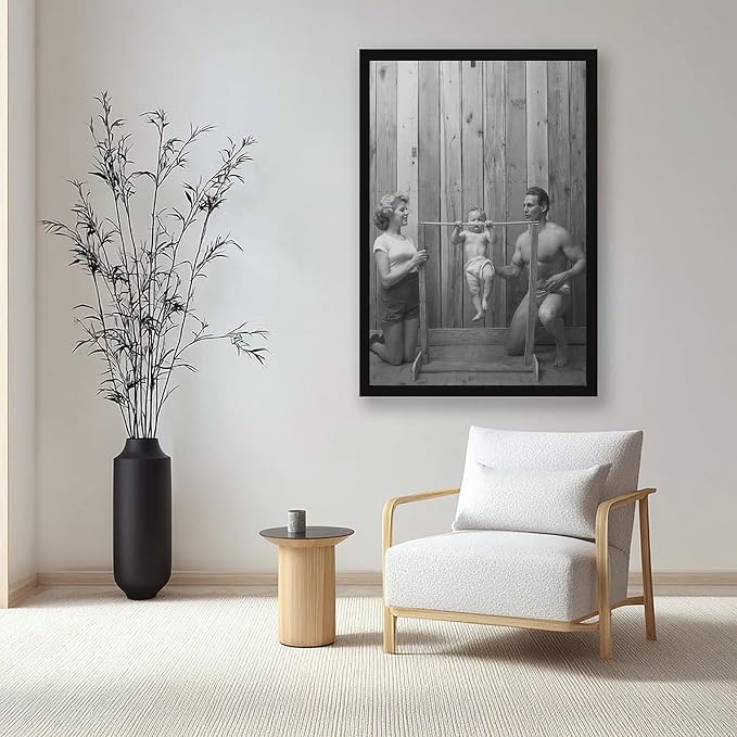 UXCBIA Baby Doing Pull-ups, Bodybuilder Family Black And White Retro Poster Canvas Poster Bedroom Decor Sports Landscape Office Room Decor Gift Black Frame 12x18in(30x45cm)