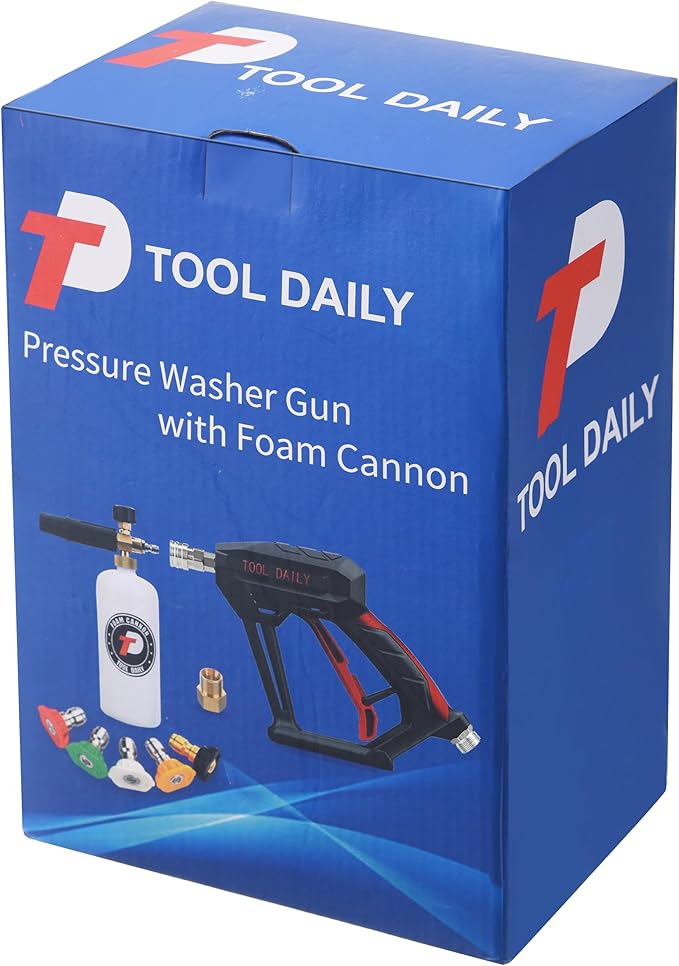 Tool Daily Short Pressure Washer Gun with Foam Cannon, 1/4 Inch Quick Connector, with 5 Pressure Washer Nozzle Tips, 1 Liter