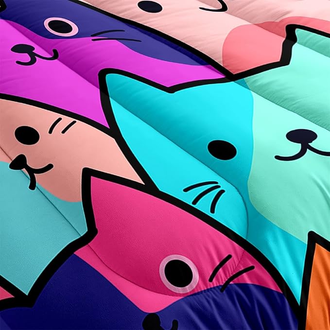 Cat Comforter Full Size - Full Size Comforter Girl Cat Cute Cat Bedding for Girls Kids Full Size Bedding Set Cats Colorful Cartoon Cat Comforter Set, 1 Comforter+2 Pillowcases