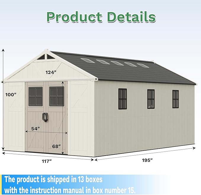 Greesum 10×16 FT Plastic Outdoor Storage Shed with Floor and Lockable Door, Resin Sheds with Windows and Skylights, Weather Resistant Organization for Garden, Lawn, Pool Supplies, Beige