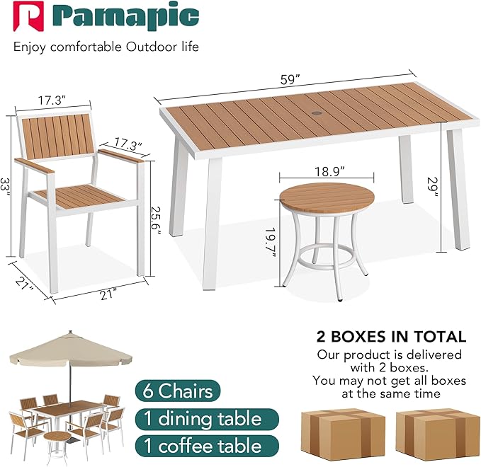 Pamapic 8-Piece Patio Dining Set,Outdoor Aluminum Furniture Set with Plastic-Wood Table Top,Outdoor Furniture Set with 6 Outdoor Stackable Chairs for Patio Garden Poolside (White)