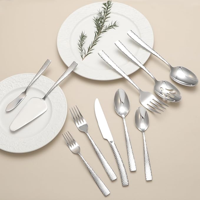 Large Hostess Serving Utensils Set, Stainless Steel Heavy Duty Hammered Serving spoons, Slotted Spoons, Serving Fork, Cake Server, Butter Knife, Dishwasher Safe(Silver)