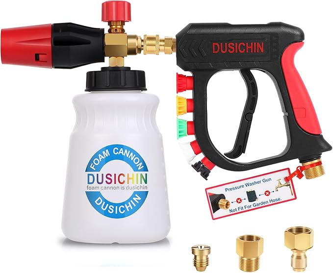 DUSICHIN Foam Cannon Short Pressure Washer Gun 1/4 Inch Quick Connector,Car Wash Foam Gun with 5 Pressure Washer Nozzle Tips 3/8'' Swivel Quick Connector,Additional Orifice Nozzle 1.04mm Car Washing