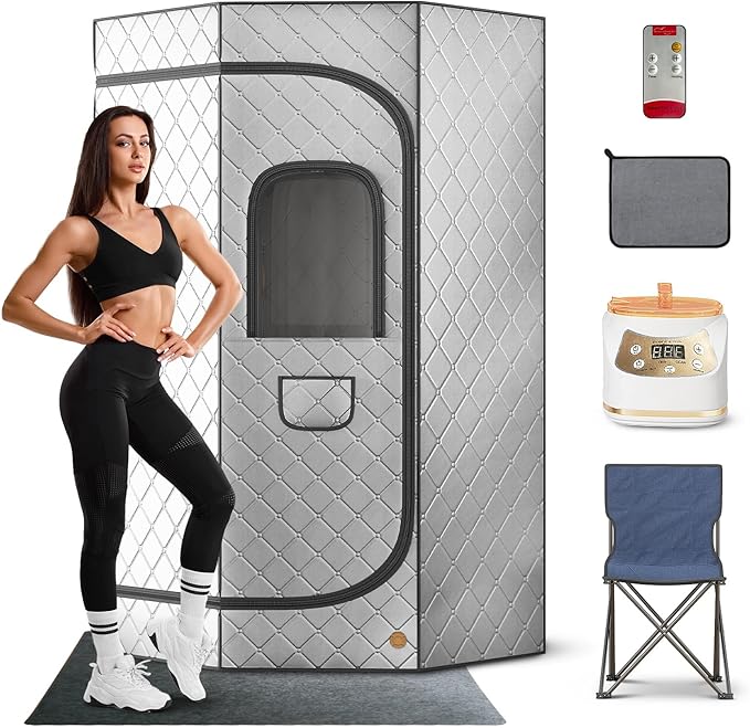 Home Steam Sauna Box, Portable Sauna for Home, Steam Sauna Tnet Full Size Single Person Sauna with 3.0L&1500W Steamer, Remote Control, Foldable Chair & RGB LED Light (Silver)