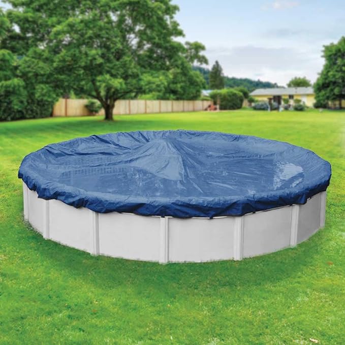 Robelle 33 ft Industrial Blue Winter Pool Cover for Above Ground Pools, 4 ft Overlap (37 ft Cover Size), Solid 14 x 12 Scrim, 4.5 oz/yd2, 20-Year Warranty, Style: 2033-4