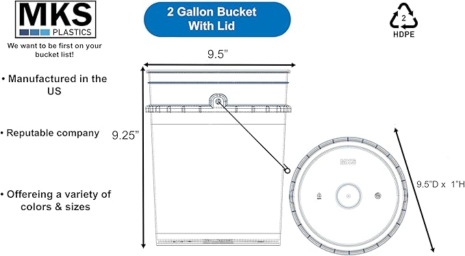 2-Gallon Bucket with Airtight Lid – Made in USA, Food Grade BPA Free Plastic, Heavy Duty Multi-Use, Metal Handle with Grip, Stackable Storage – White, 5 Pack