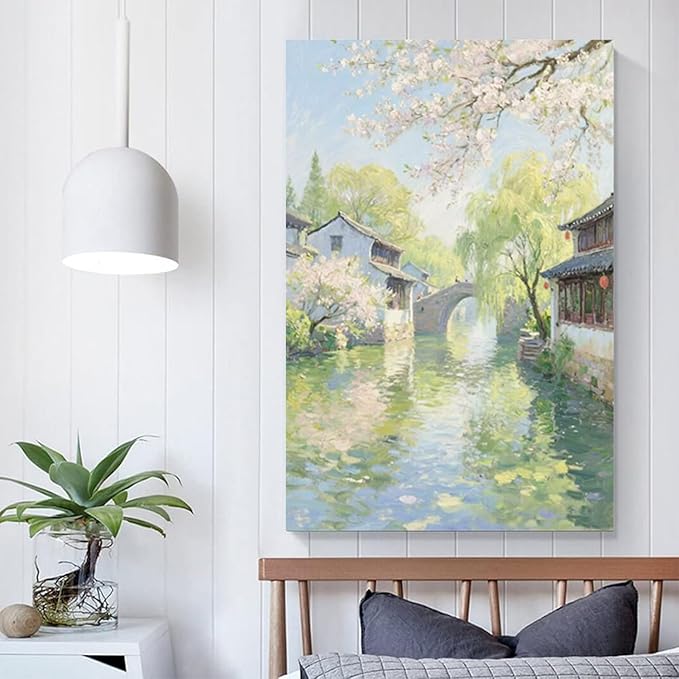 Small bridge stream house Jiangnan style landscape poster suitable for living room bedroom office natural oil painting poster