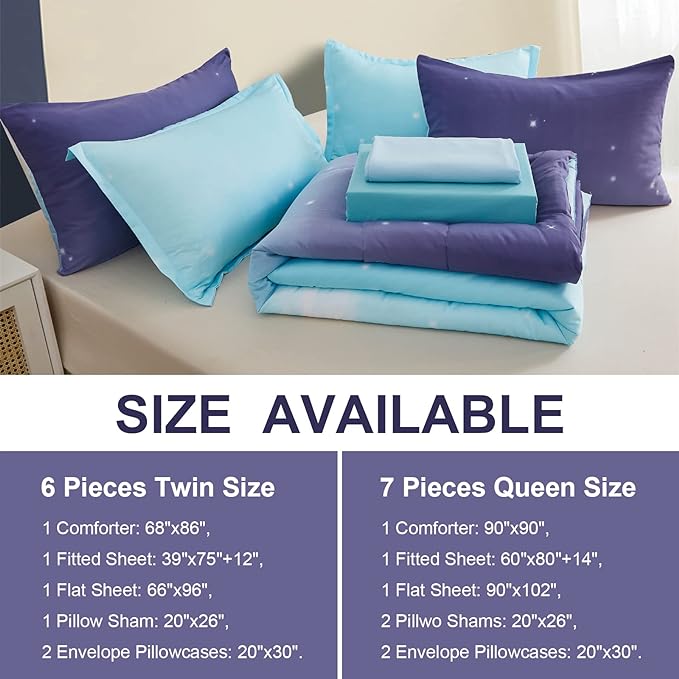 Girls Comforter Set Twin XL Size 6 Pieces Colorful Ombre Blue Purple Rainbow Bedding Set Bed in A Bag for Kids Teen Girls (1 Comforter, 1 Flat Sheet, 1 Fitted Sheet, 1 Pillow sham, 2 Pillowcases)