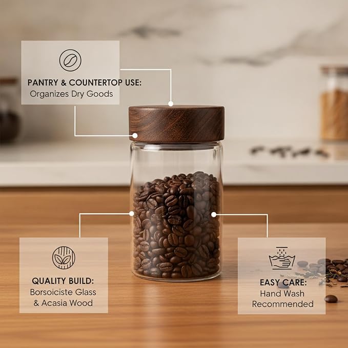Glass Storage Jar with Acacia Wood Lid, Borosilicate Food Canister for Coffee Beans Tea Sugar Dry Pantry Staples (1 PC)