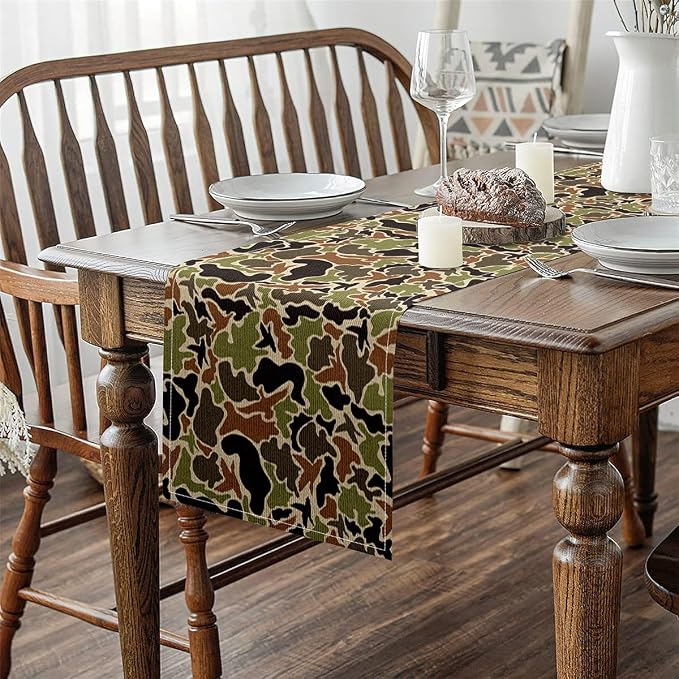 13" x 48" Duck Camouflage Table Runner Boys Girls Camo Hunting Kitchen Dining Decoration for Home Party for Kids Military Style Home Decor for Living Room Dresser Scarfs for Bedroom Green Brown