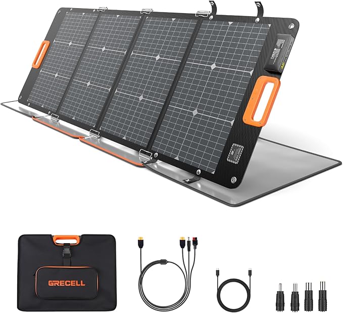 GRECELL 120W Portable Solar Panel for Power Station, 24% High Efficiency Bifacial Panel 21.6V Foldable Waterproof with XT60/Type-C/2 USB DC Output, 120W Solar Panel for Outdoor, Camping, Van, RV, Trip