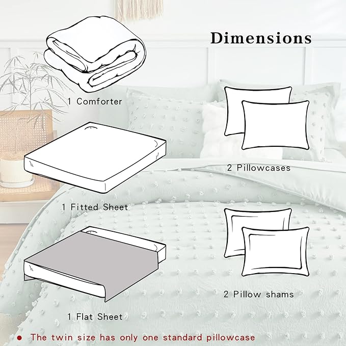 7 Pieces Tufted Dots Bed in a Bag King Comforter Set with Sheets Green , Soft and Embroidery Shabby Chic Boho Comforters, Solid Color with Pom Pom Design, Jacquard Tufts Bedding Set for All Season