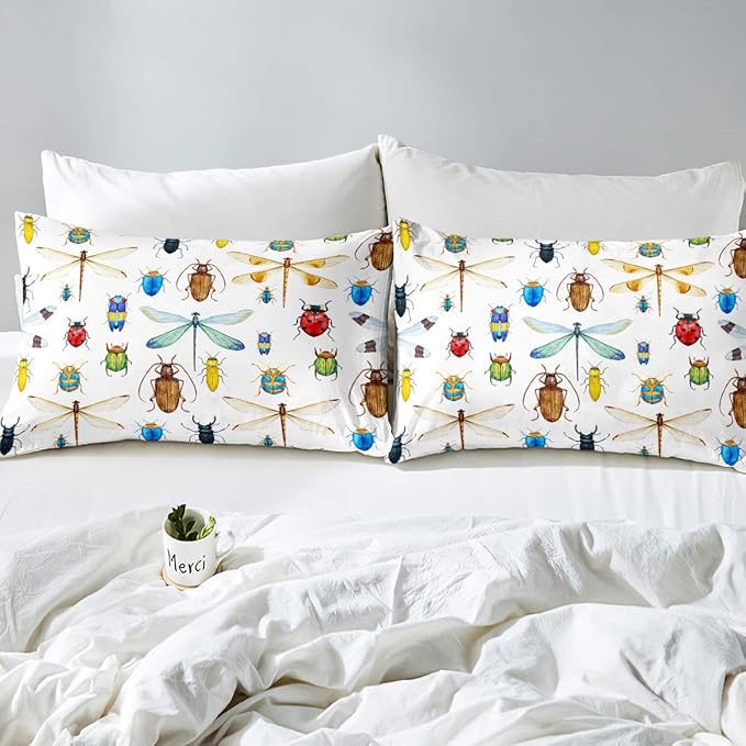 Kids Dragonfly Down Comforter, Ladybug Insect Comforter Set Twin Size for Children Boys Girls Teens, Reptile Pattern Bedding Comforters Colorful Lightweight Duvet Insert Dragonfly Gifts for Women