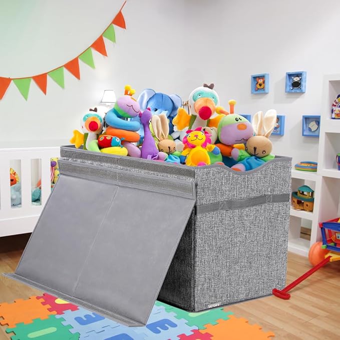 VICTOR'S Kids Toy Box Chest - Extra Large Lightweight Collapsible Toy Storage Organizer Boxes Bins Baskets for Kids, Boys, Girls, Nursery Room, Playroom, Closet (Linen Gray)