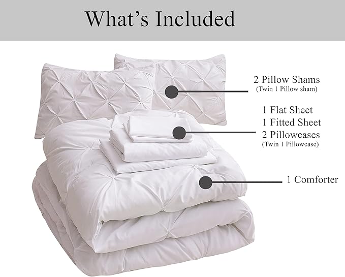 LANE LINEN White Comforter Set with Sheets, 7 Piece Bed in a Bag Queen Size, Pintuck Queen Bed Set, Ultra Soft Bedding Queen Size with Down Alternative Comforter, Sheets, Pillowcases & Shams - White
