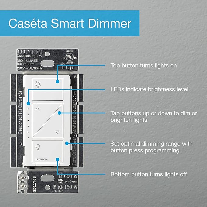Lutron Caseta Original Smart Dimmer Switch Kit, 2 Dimmer Switches, 2 Wall Plates, 2 Remotes, 2 Pedestals, and Smart Hub, Works with Alexa, Apple Home, Google Home, 3Way, 150W, No Neutral, P-BDG-PKG2W