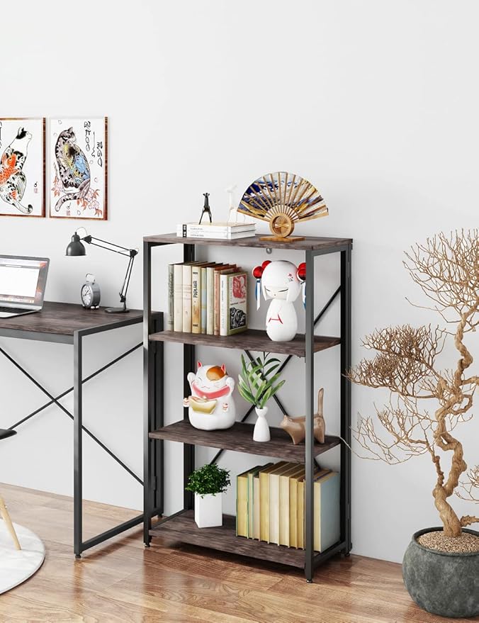 Bookshelf,4-Tier Folding Bookcase,Industrial Book Shelf,Rustic Wood Storage Shelves,Tall Bookshelf,Shelves For Bedroom,Office,Kitchen,Living Room,Study Room,No Assembly Folding Bookshelf,Black