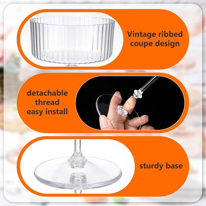 Jingmore 48 Pcs Ribbed Martini Glasses 10 oz Disposable Plastic Vintage Ribbed Coupe Glasses Unbreakable Dessert Parfait Glassware for Wedding Birthday Party Supplies (Clear)