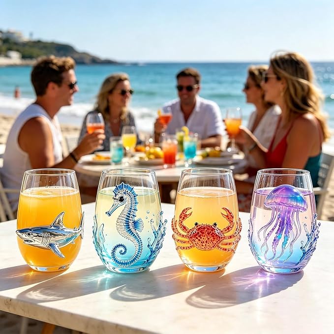 Novelty 3D Sculpted Ocean Life Stemless Wine Glasses, 12oz Embossed Sea Animal Glassware for Beverages, Premium Borosilicate Glass Beach Gifts (Seahorse)