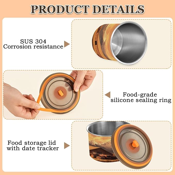 Coffee Canister Vintage Farm Pattern Airtight Stainless Steel Coffee Container, 30 OZ Food Storage Container for Coffee Beans, Ground, Sugar, Tea, Flour, Rice
