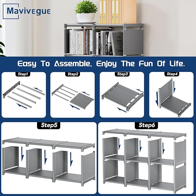 Mavivegue Book Shelf, 6 Cube Storage Organizer, DIY Bookcase, Metal Cube Bookshelf,Tall Book case for Bedroom, Living Room,Office,Closet Storage Organizer, Grey Cubicle Storage Rack