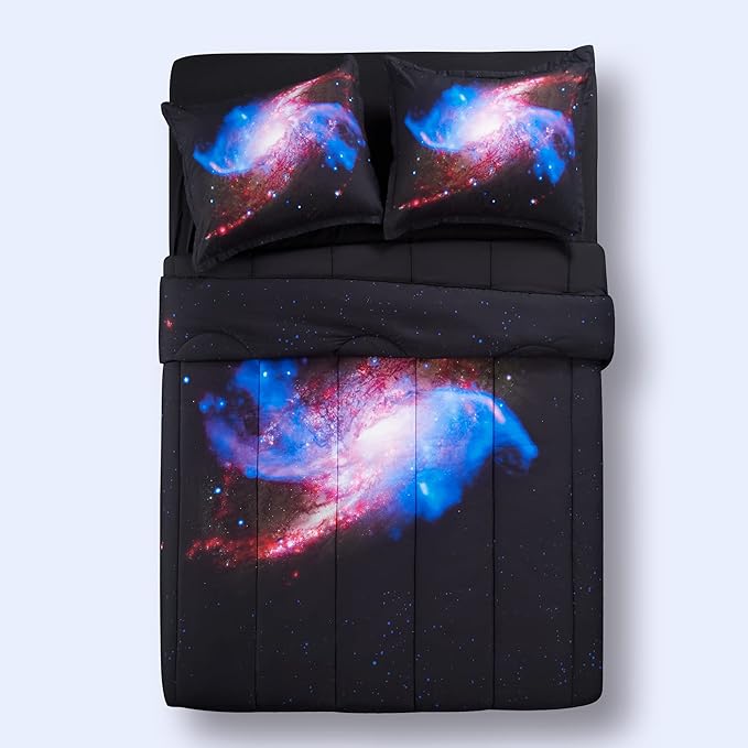 SLEEP ZONE Kids Bedding Comforter Set Full/Queen Size - Super Soft & Cute Printed 3-Piece Comforter Set All Seasons for Boys, Girls, Fade Resistant, Machine Washable, Purple Galaxy