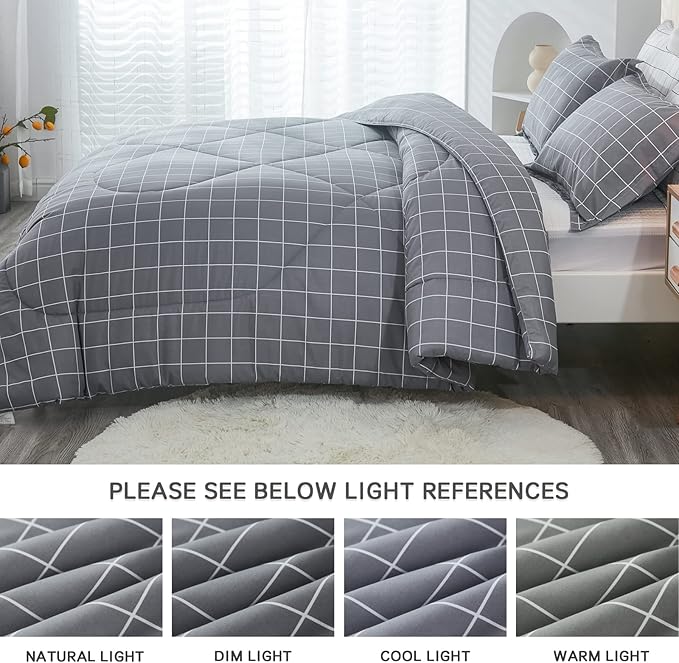 Andency Grey Grid Comforter Set Full Size (79x90 inch), 3 Pieces (1 Grey Comforter and 2 Pillowcases), Summer Lightweight Microfiber Down Alternative Bedding Comforter Sets with White Lines