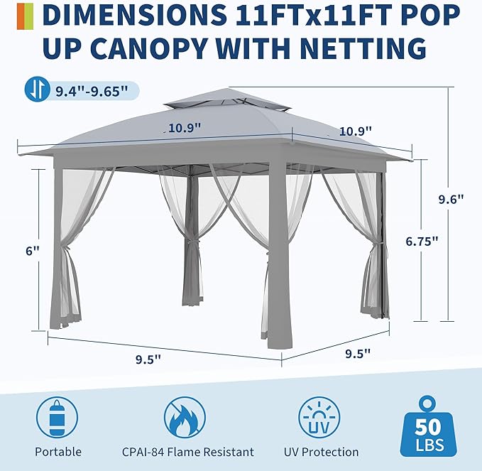11x11 Pop Up Instant Gazebo Tent for Backyard, With Portable Carrying Bag, Outdoor Canopy Gazebos Waterproof With Mosquito Netting