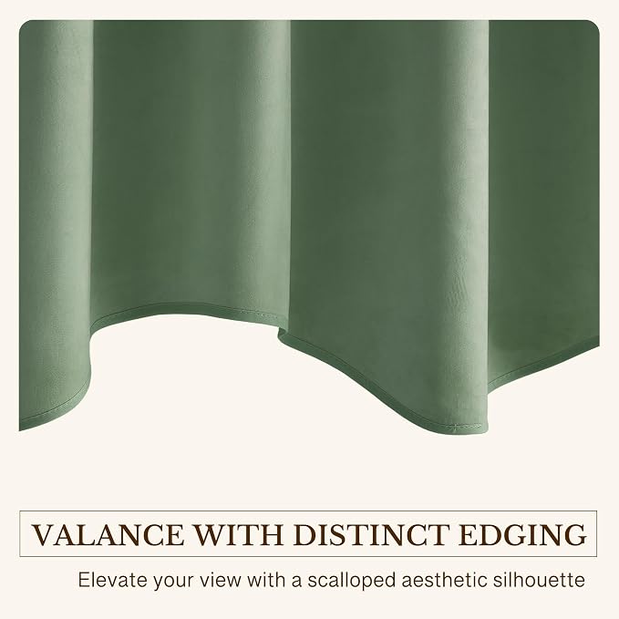 Velvet Window Valance 52x18 Inch 4-Panel Set | Soft Wavy Sage Green Kitchen Curtains for Windows, Luxury Fabric Aesthetic Window Treatment for Bay Window, Living Room