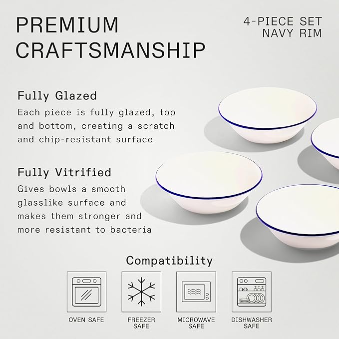 Made In Cookware - Set of 4 - Side Bowls - White With Navy Rim - Porcelain - Crafted in England