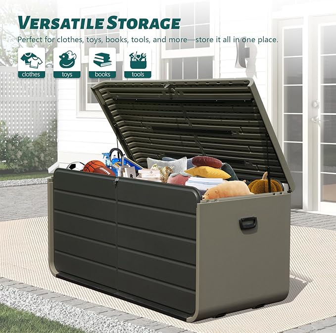 Domi 160 Gallon Outdoor Storage Box – Waterproof, UV-Resistant Deck Box with Lockable Lid for Patio Furniture, Garden Tools, Delivery Packages (Large Resin Storage Bin)