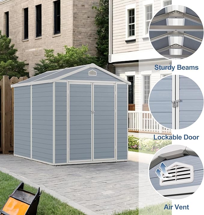 Outdoor Storage Shed, 8X6 FT Resin Shed with Floor and Lockable Doors, 260 CU.FT Waterproof Patio Storage Cabinet, Plastic Construction for Outdoor Storage