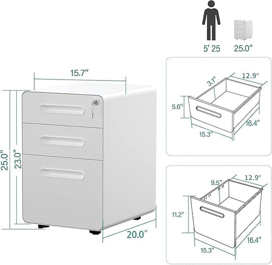 YITAHOME 3-Drawer Metal Mobile File Cabinet, Rolling Filing Cabinet with Lock, Filing Cabinet Under Desk fits Legal/A4 Size for Home/Office, Fully Assembled,White and Grey
