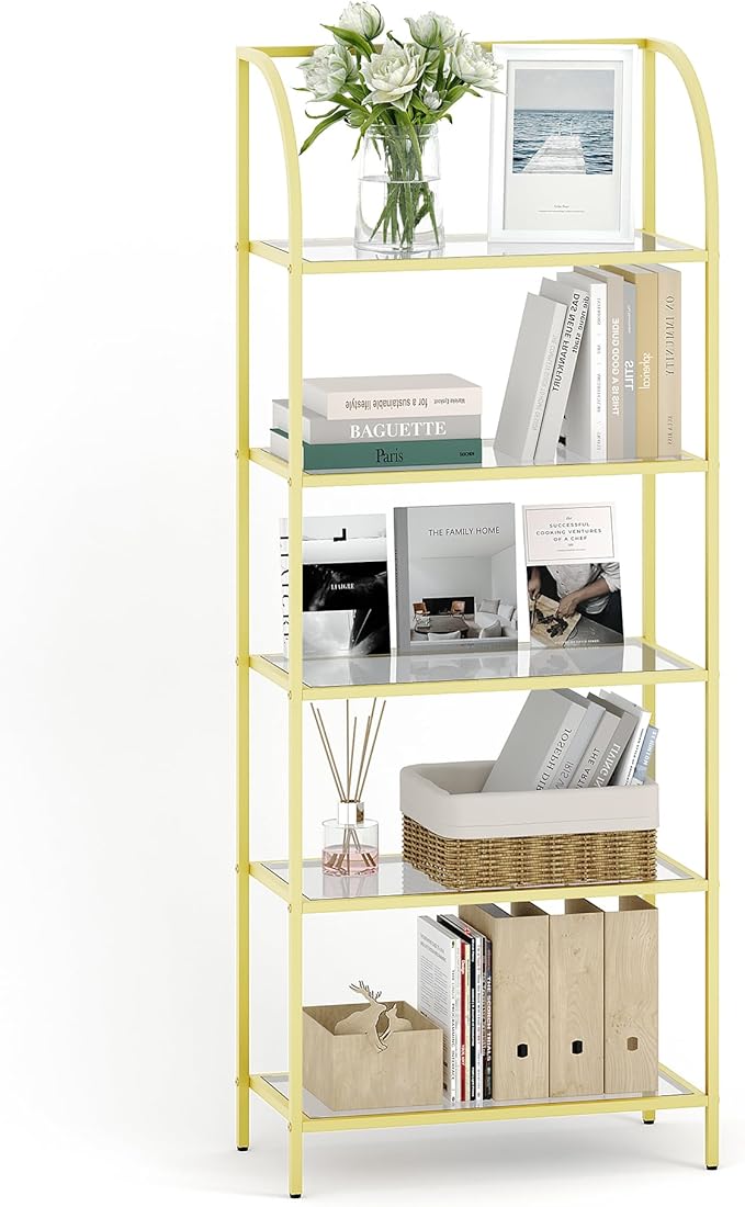Bookcase Bookshelf, Tempered Glass Arched Bookshelf for More Storage, Slim Shelving Unit for Bedroom, Bathroom, Home Office, Steel Frame, Wide 5 Tier Gold BC22599G