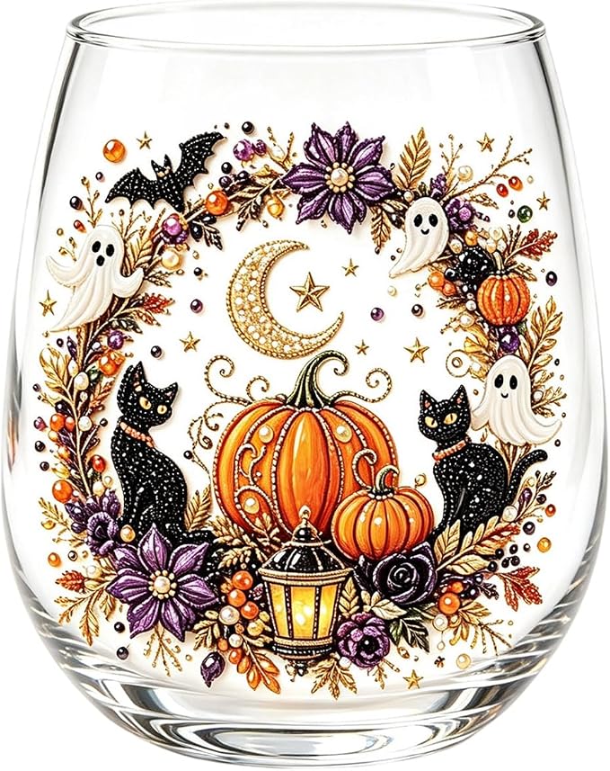 3D Halloween Autumn Glass Art Cup,Stemless Holiday Glassware Collection | Fantasy Fall Witch Wine Glasses,Holiday Printed Table Ornaments,Magical Halloween Home Decor Gifts for Various Beverages