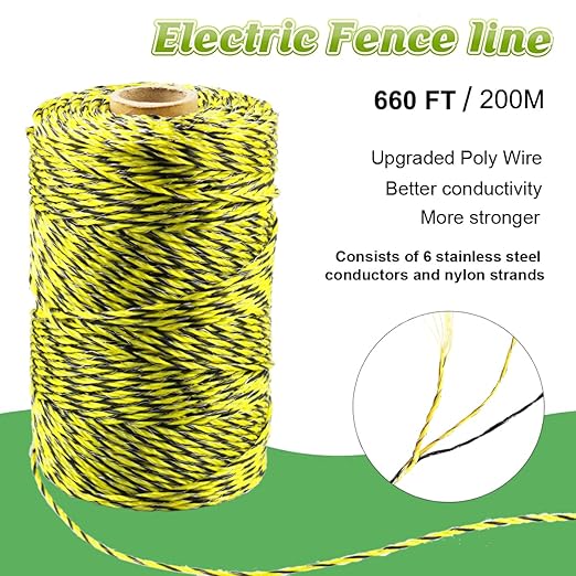 660 Feet Electric Fence Polywire, 200 Meters 1/8" Diameter Portable Electric Fencing Poly Wire Rope Line 6 Steel Strands for Reliable Conductivity & Rust Resistance
