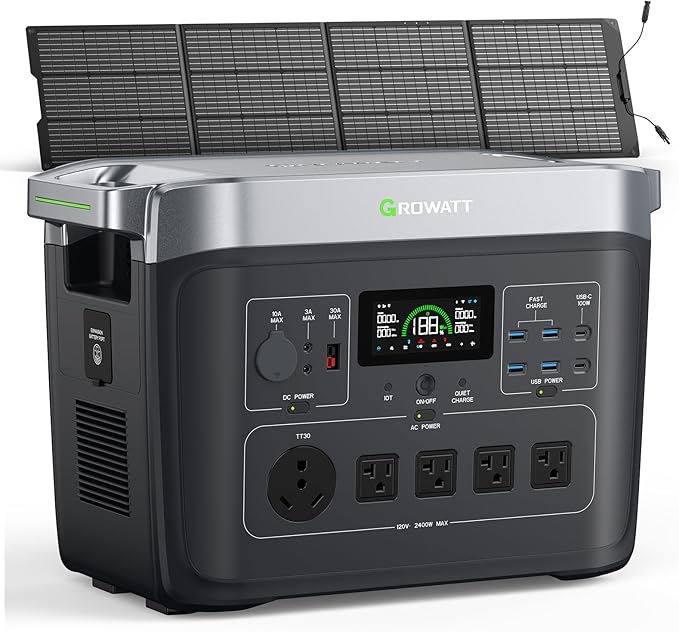 GROWATT Portable Power Station with 200W Solar Panel,Black Infinity 2000 Electric Solar Generator,2048Wh LifePO4 Battery, 2200W AC Output for Home Use, Outdoor Camping, RVs and Emergency Backup