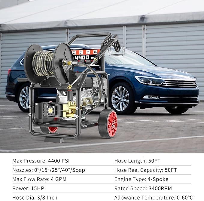 4400PSI Gas Pressure Washer with Hose Reel, 4 GPM, One-Button Electric Start 296cc 15HP Commercial Pressure Washer with 50FT 3/8" Hose, Spray Gun & Wand, 5 Quick Connect Nozzles