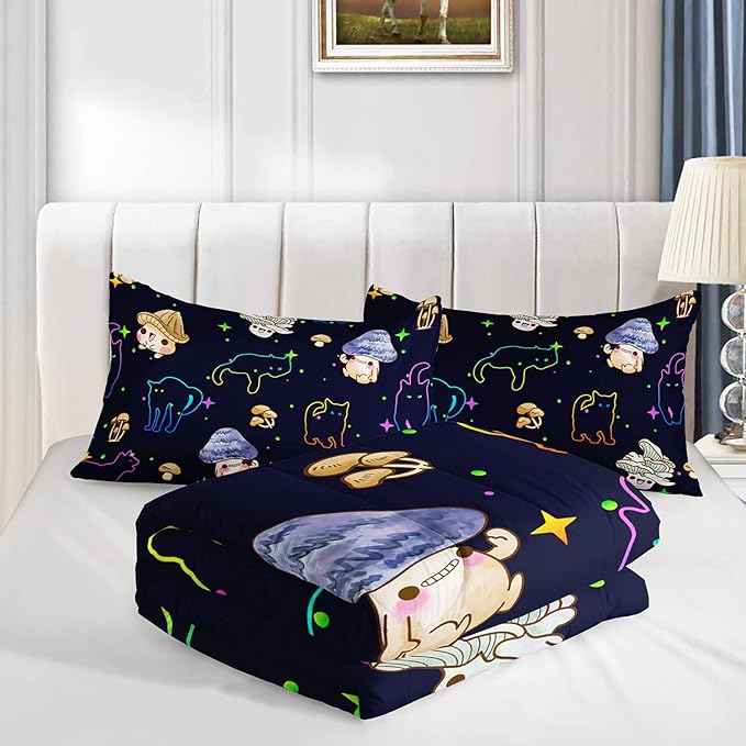 Mushroom Kawaii Cat Comforter Set Full Size Kids Mushroom Bedding Set Star Theme Quilt Bed Set for Boys Girls Adults with 1 Comforter and 2 Pillowcases