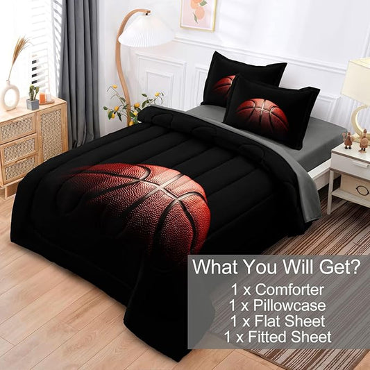 Teenage Boy Bedding Sets Twin 4 Pieces Basketball Comforter Set for Boys Twin Size Bed in a Bag Set, Basketball Bedding Twin, Red Black