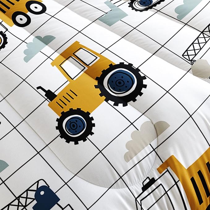 Datura home Construction Truck Comforter Set for Boys Kids Children,Machinery Truck Excavators Vehicles Cartoon Tractor Bedding Set with 1 Comforter and 2 Pillowcases(Construction Truck Twin) 68x86in