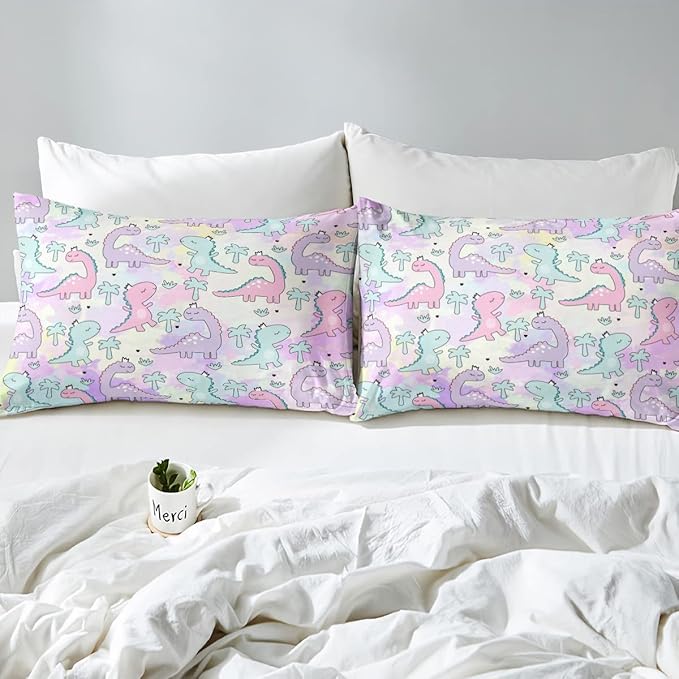 Erosebridal Dinosaur Comforter Set Twin Size, Kawaii Dinosaur Bedding Sets for Kids Girls Boys Gift Bedroom Decor, Cartoon Cute Animals Duvet Set,Palm Leaf Down Comforter, Green Purple Pink