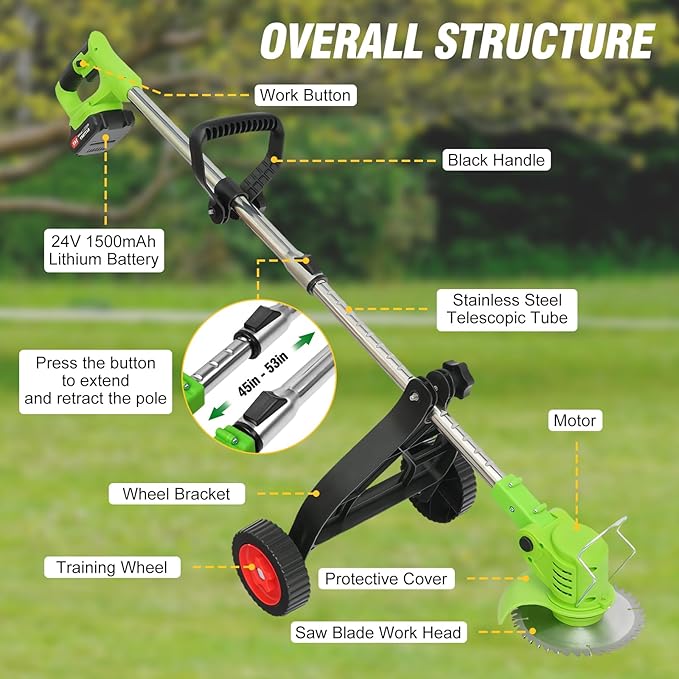 ALSO GO Cordless Weed Wacker, Electric Grass Trimmer with 2pcs 21V Batteries, 3 in 1 Stringless Trimmer, Battery Powered Lawn Edger with Wheels, Lightweight Brush Cutter for Garden Yard Lawn