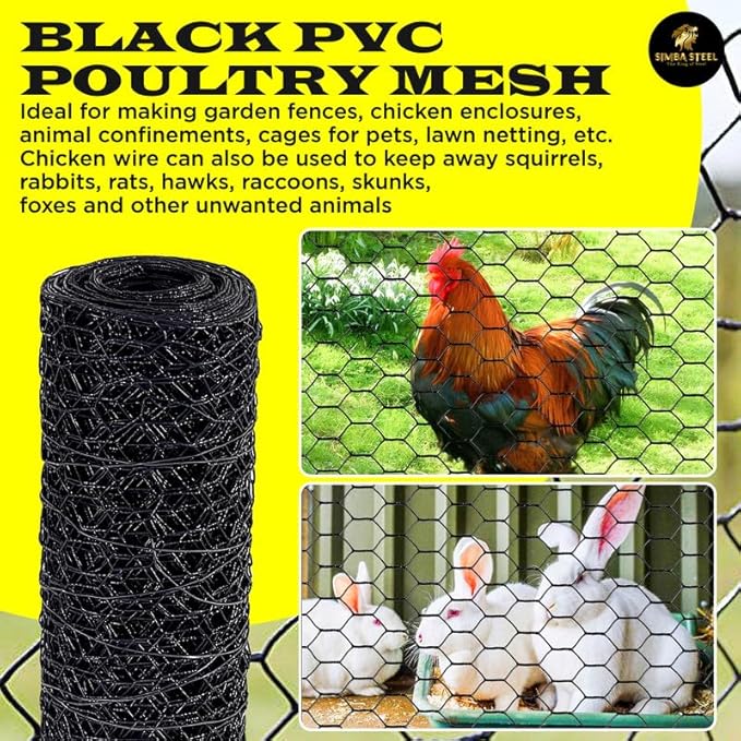 48” x 50 FT PVC Hexagonal Poultry Netting Chicken Wire | 1" Mesh | 20 Gauge | Black PVC Vinyl Coated | Rust Proof | for Garden, Fence, Chicken, Rabbit, Pet Enclosures