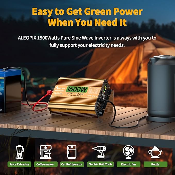 1500 Watt Inverter 12V DC to 110V/120V AC, Pure Sine Wave Inverter for Truck/RV/Home/Solar/Off-Grid, Surge 3000W Pure Sine Power with 2 AC Sockets, 5V 3.4A USB, Digital Display, Remote Controller
