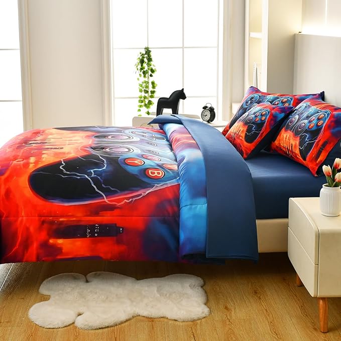 Game Console Full Comforter Set with Sheets, Microfiber 6 Pcs Bed in A Bag Full Size Gamer Bedding Set for Boys Kids Teens