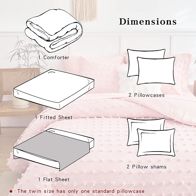 7 Pieces Tufted Dots Bed in a Bag Queen Comforter Set Girls Pink , Soft and Embroidery Shabby Chic Boho Comforters, Luxury Solid Color with Pom Pom Design, Jacquard Tufts Bedding Set for All Season
