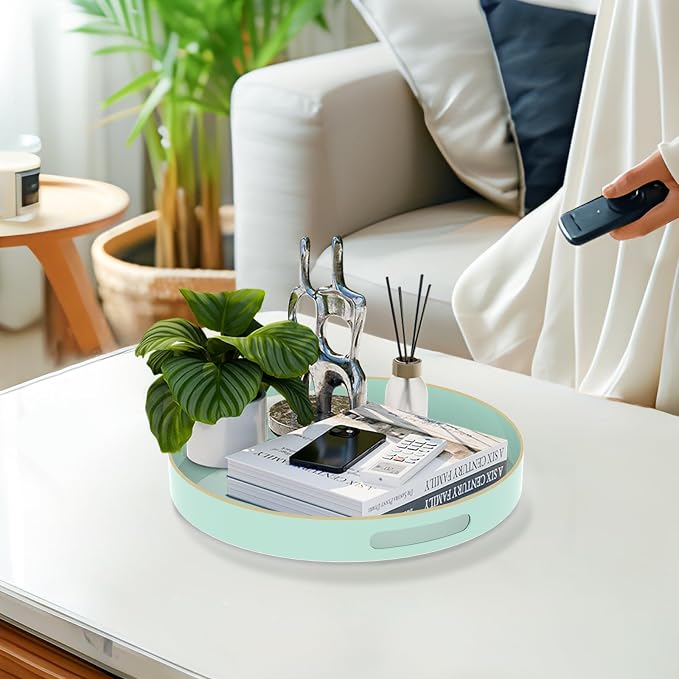 MAONAME 13" Mint Green Decorative Tray, Round Serving Tray with Handles | Plastic Decorative Tray for Coffee Table, Modern Ottoman Tray, Circle Tea Tray, Round Melamine Tray for Living Room, Bathroom