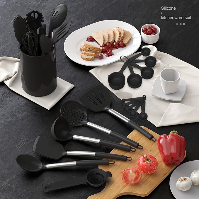 oannao Large Silicone Cooking Utensils Set - Heat Resistant Kitchen Utensils Sets,Spatula,Spoon,Turner Tongs,Whisk,Stainless Steel Cooking Utensil for Nonstick Cookware Dishwasher Safe (Black)