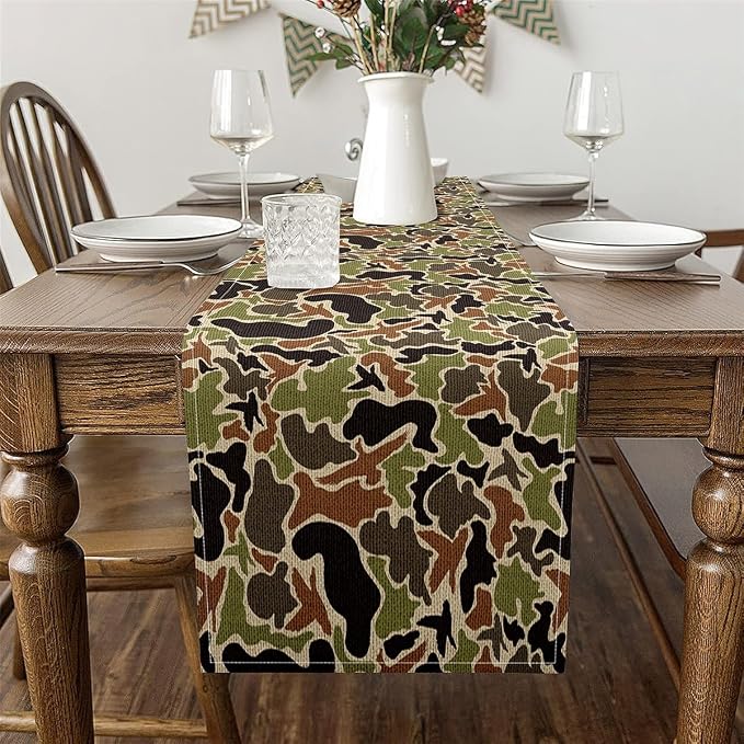13" x 48" Duck Camouflage Table Runner Boys Girls Camo Hunting Kitchen Dining Decoration for Home Party for Kids Military Style Home Decor for Living Room Dresser Scarfs for Bedroom Green Brown